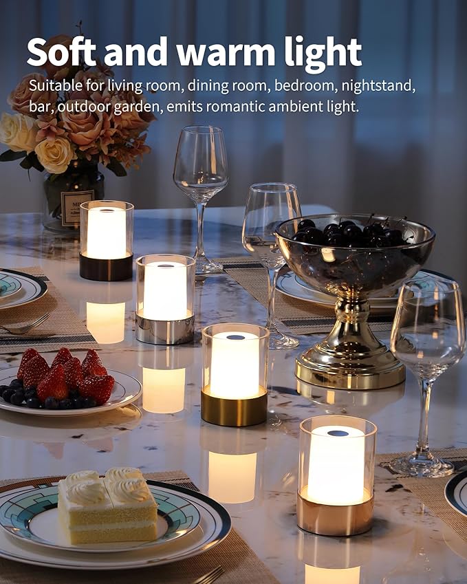 4" Mini Dining Table Light 2 Pack for Buffet Restaurant, Outdoor Waterproof Lamps for Bathroom Camping, Rechargeable Cordless Table Lamp for Bar, Touch Warm Night Light for Nursery Baby (Gold)