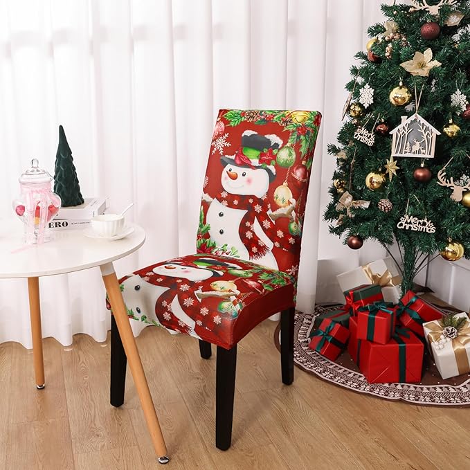 U'Artlines Christmas Chair Covers Set of 4, Removable Washable Merry Christmas Dining Chair Seat Covers Stretch Protector Slipcovers for Dining Room Kitchen Holiday Party Decor, Snowman