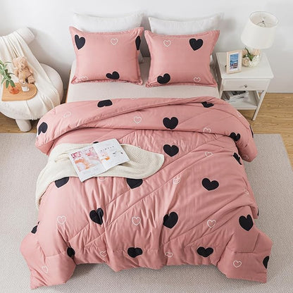 Queen Comforter Set Cameo Brown, Pink Cute Love Heart Sexy Comforter Bedding Set for All Seasons, Geometric Soft Microfiber 3 Pieces Comforter Set with Pillowshams