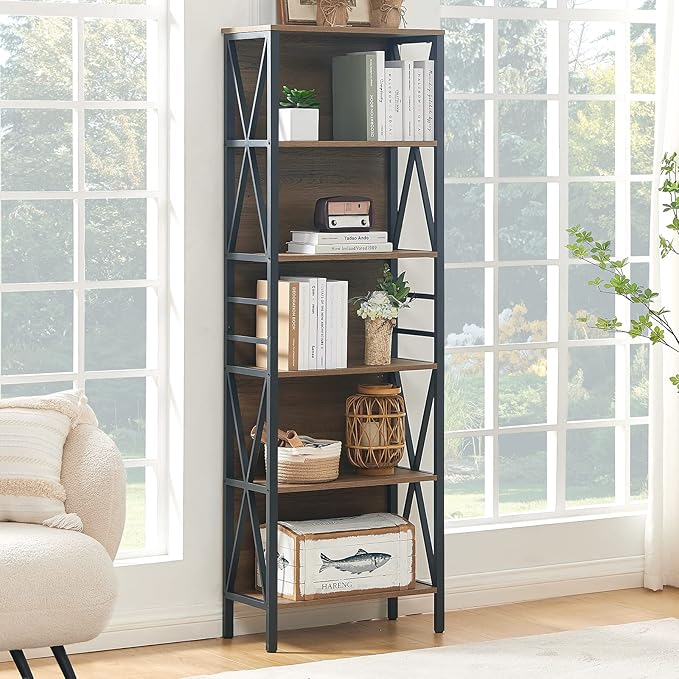 HOMISSUE Bookshelf, 6-Tier Bookshelf, Rustic Wood Metal Bookshelves and Bookcases, Freestanding Open Bookshelf, Industrial Tall Bookcase for Home Office, Living Room and Bedroom, Vintage Brown