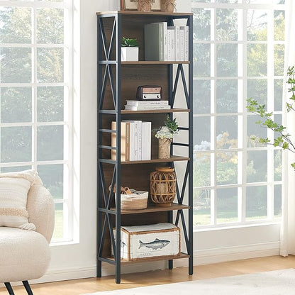 HOMISSUE Bookshelf, 6-Tier Bookshelf, Rustic Wood Metal Bookshelves and Bookcases, Freestanding Open Bookshelf, Industrial Tall Bookcase for Home Office, Living Room and Bedroom, Vintage Brown