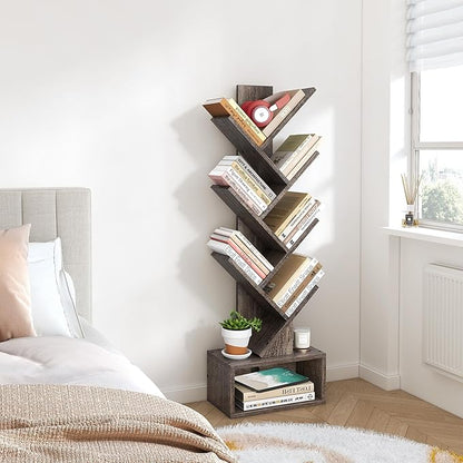 Hoctieon 6 Tier Tree Bookshelf, Tall Bookcase with Drawer, Freestanding Book shelf, Display Floor Standing Storage Shelf, Book Organizer Shelves for Home Office, Living Room, Bedroom, Grey