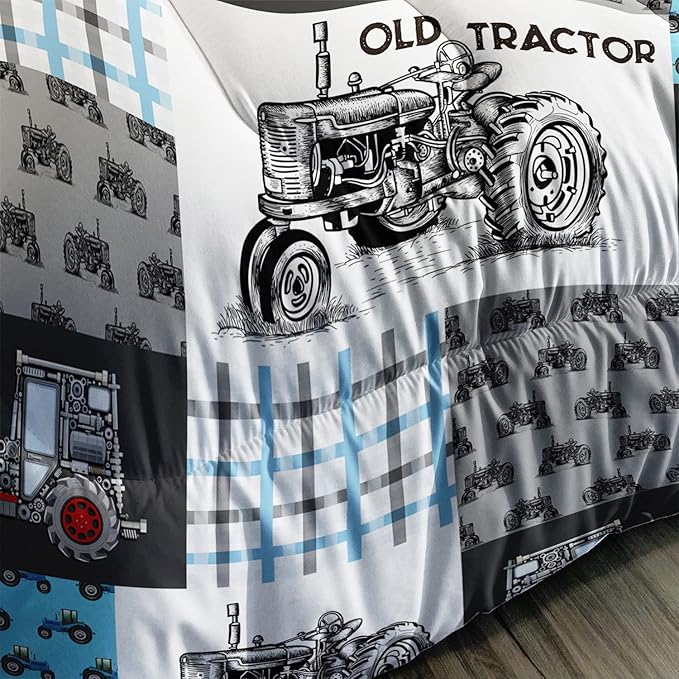 Axolotl Tractor Comforter Set Queen Size,Cartoon Truck Car Comforter Set for Boys,Farm Excavator Bedding Set with Old Tractor for Kids Boys Teens Adult All Season,1 Quilt 2 Pillowcases