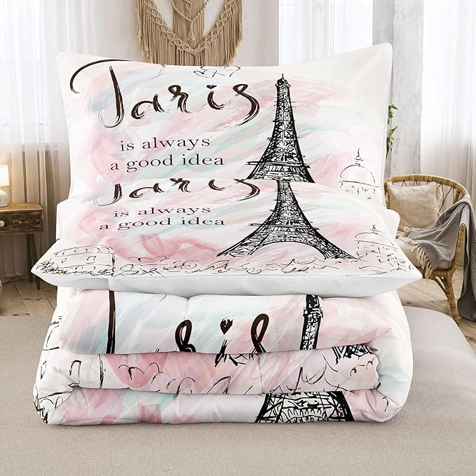 Bodhi Full Size Paris Comforter Set,Girls Pink bedding set,Cartoon eiffel tower Comforter Set,Girls Comforter with Matching Pillowcase,Pink Girls Bed Set Full Size