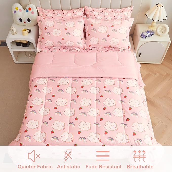 Mooreeke Bed in a Bag for Kids Girls Teens, 5 Pieces Twin Size Comforter Bed Set with Shams, Sheet Set, Rainbow Cloud Strawberry Pink Super Soft Microfiber Kids Comforter Bedding Set