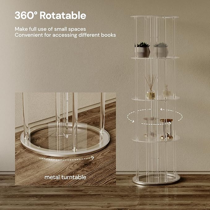 Acrylic Rotating Bookshelf, 5 Tier Round Clear Bookcase with Metal Base, 360 Spinning Bookshelf for Living Room, Bedroom, Corner, Floor Standing, 15.7" D x 15.7" W x 54.1" H