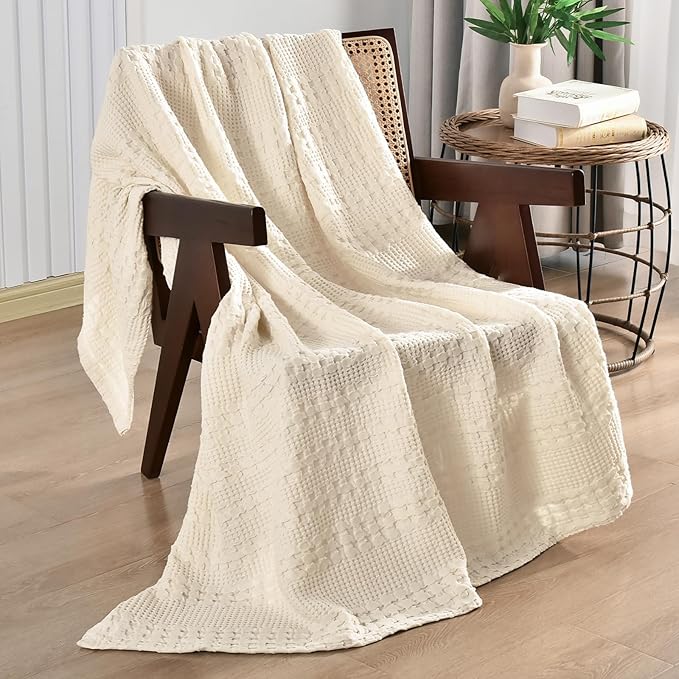 PHF 100% Cotton Waffle Weave Throw Blanket, Soft Lightweight Breathable Cozy Summer Throws for Couch Bed Sofa, Luxury Aesthetic Woven Blanket for Home Decor & Office, 50"x60", Undyed