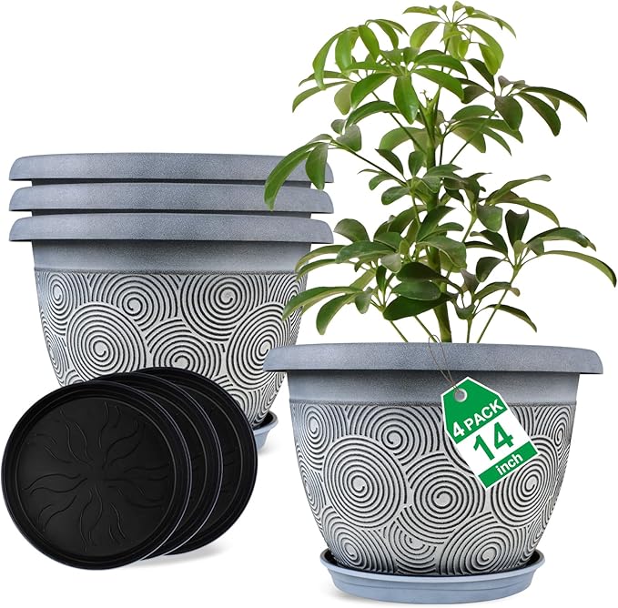 14 Inch Large Planter Pot for Plants Indoor Outdoor, 4 Pack Plastic Flower Pots with Drainage Hole & Tray, Modern Decorative Garden Pot with Saucer, Plant Container for House