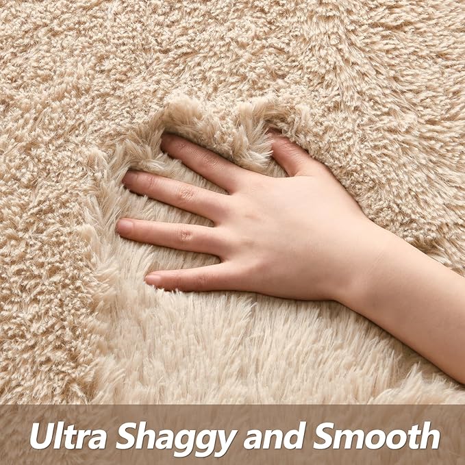 Super Soft Fluffy Shaggy Rugs for Living Room Bedroom, Fuzzy Plush Area Rugs for Girls Kids Room Nursery Home Decor, Furry Dorm Rug Cute Non-Slip Indoor Floor Carpet 5x8 Feet, Beige