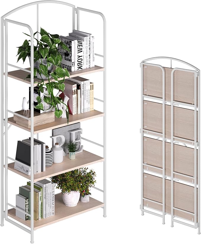 No Assembly Folding Bookshelf, Metal Book Shelf for Storage, Folding Bookcase for Office Organization and Storage (White, 4 Tiers)