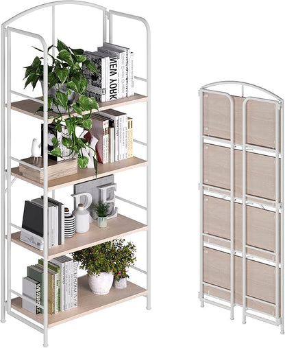 No Assembly Folding Bookshelf, Metal Book Shelf for Storage, Folding Bookcase for Office Organization and Storage (White, 4 Tiers)