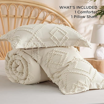 Bedsure Boho Comforter Set Twin - Beige Tufted Bedding Comforter Set, 2 Pieces Farmhouse Shabby Chic Embroidery Bedding Set, Soft Geometric Pattern Comforter for All Seasons