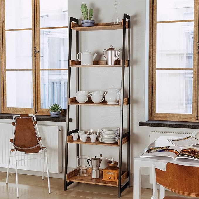 IRONCK Industrial Bookshelf 5-Tier, Bookcase Ladder Shelf, Storage Shelves Rack Shelf Unit, Accent Furniture Metal Frame, Home Office Furniture for Bathroom, Living Room