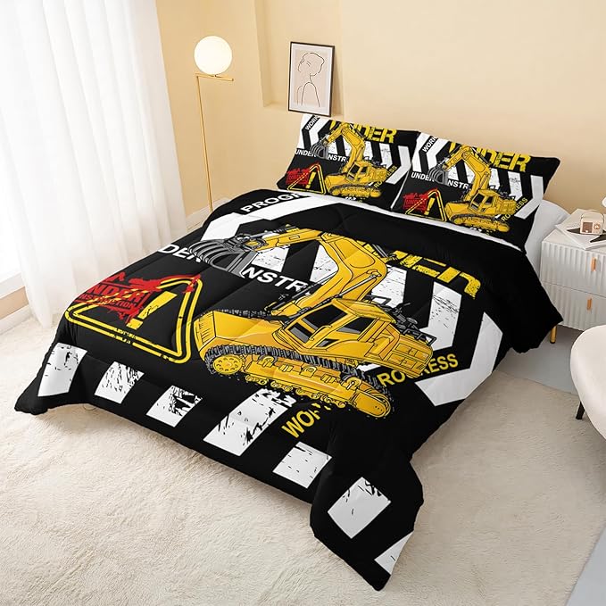 Excavator Comforter King Size,Construction Truck Comforter Set for Kids Teens Boys Girls,3Pcs Bedding Set Printed Comforter with 2 Pillowcases,Soft and Lightweight(Black，King Size)