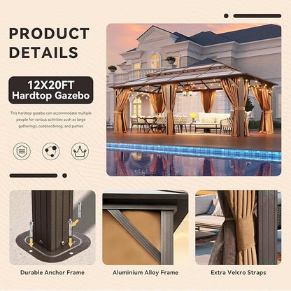 Aoxun Hardtop Gazebo, Aluminum Frame Permanent Pavilion with Netting and Curtains, Outdoor Polycarbonate Double Roof Canopy, Designed for Lawn, Garden, Patio (Brown, 12'x20' with Ground Anchor)