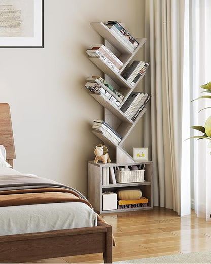 SUNMORY 6 Tier Tree Bookshelf, Tall Bookcase with Storage Cabinet, Modern Narrow Bookshelves Organizer, Floor Standing Book Shelf for Bedroom/Living Room/Home Office/Corner, Grey