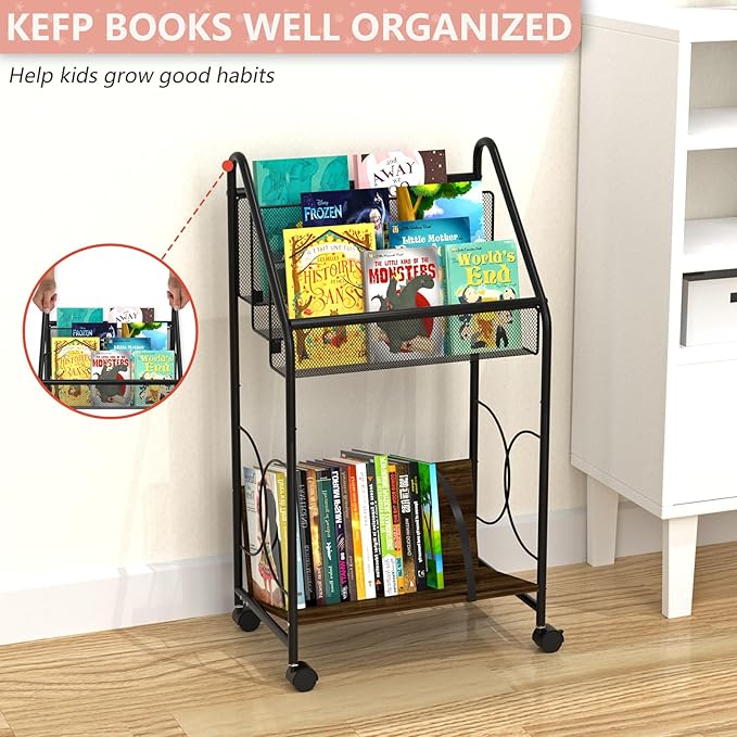 Bookshelf, 4-Tier Metal & Wood Rolling Book Cart on Wheels, Record Cabinet for Book Magazine Turntable, Record Holder Up to 100 Albums, Multifunction Utility Cart, Black