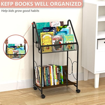 Bookshelf, 4-Tier Metal & Wood Rolling Book Cart on Wheels, Record Cabinet for Book Magazine Turntable, Record Holder Up to 100 Albums, Multifunction Utility Cart, Black