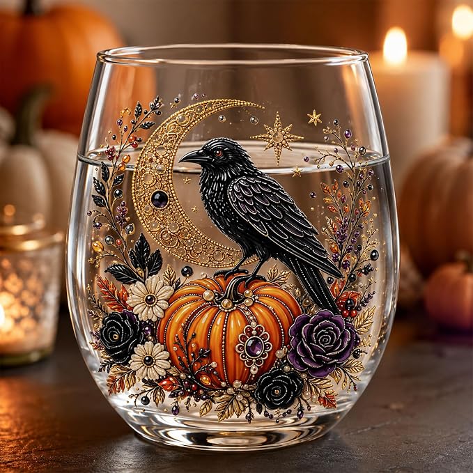 3D Halloween Autumn Glass Art Cup,Stemless Holiday Glassware Collection | Fantasy Fall Witch Wine Glasses,Holiday Printed Table Ornaments,Magical Halloween Home Decor Gifts for Various Beverages