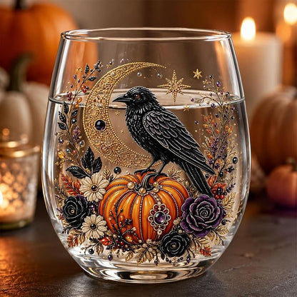 3D Halloween Autumn Glass Art Cup,Stemless Holiday Glassware Collection | Fantasy Fall Witch Wine Glasses,Holiday Printed Table Ornaments,Magical Halloween Home Decor Gifts for Various Beverages