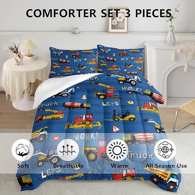 Axolotl Tractor Truck Bedding Set Queen,Excavator Comforter Set,Vehicles Truck Comforter,Boys Bedding Machinery Truck Comforter Construction Site Decor for Kids Boys Teens,1 Quilt 2 Pillowcases,Blue