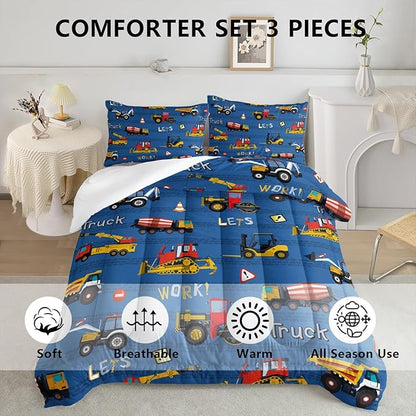 Axolotl Tractor Truck Bedding Set Full,Excavator Comforter Set,Vehicles Truck Comforter,Boys Bedding Machinery Truck Comforter Construction Site Decor for Kids Boys Teens,1 Quilt 2 Pillowcases,Blue