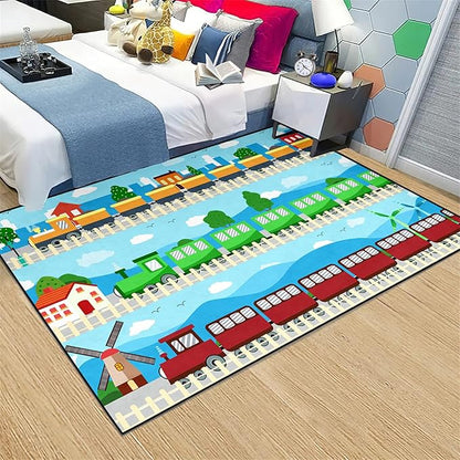 Train Rug Car Rug Play Mat Truck Rugs for Boys Room Kids Car Rug Truck Car Rug Car Carpet for Kids Kids Rugs for Playroom Car Rug for Boys Room,Light Blue 3'×4'