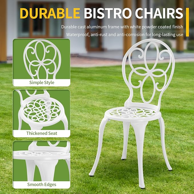 3 Piece Cast Aluminum White Bistro Set Outdoor Bistro Table and Chairs Set of 2,Metal Bistro Patio Table Set with Umbrella Hole,Patio furniture Set for Garden,Front Porch.
