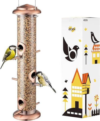 iBorn Metal Bird Feeders Brushed Copper Wild Bird Feeder for Outdoors Hanging All Metal Brushed Copper Finishing 14 Inch 6 Port(Seed is not Included)