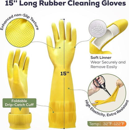 FMP Brands 3/6/12/60 Pairs 15 Inch Extra Long Rubber Dishwashing Gloves - Non-Slip for Cleaning, Kitchen, Bathroom, Gardening