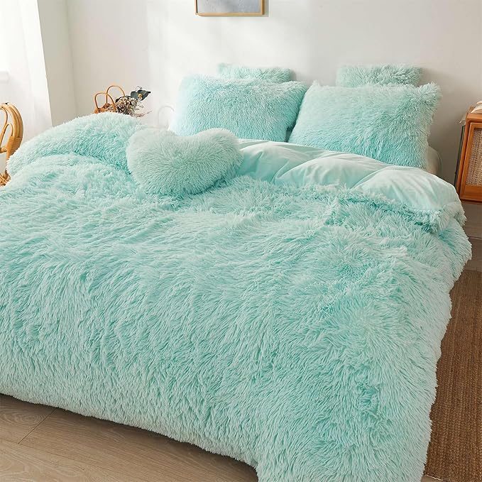 Fluffy mint green comforters Cover twin size - Ultra Soft Plush bedding Sets 2 Pieces (1 faux fur comforter Cover + 1 fuzzy pillow case) girls shaggy green twin bed set (Mint Green, Twin)