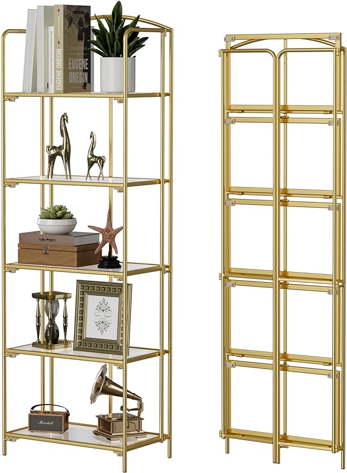 No Assembly Folding Bookshelf, 5 Tier Gold Bookshelf, Metal Book Shelf for Storage, Folding Bookcase for Office Organization and Storage, 12.87" D x 22.91" W x 68.1" H
