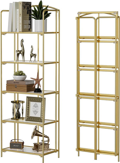 No Assembly Folding Bookshelf, 5 Tier Gold Bookshelf, Metal Book Shelf for Storage, Folding Bookcase for Office Organization and Storage, 12.87" D x 22.91" W x 68.1" H