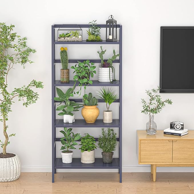 Homykic Bamboo Ladder Shelf 4-Tier Bookshelf, 49.2” Freestanding Open Bookcase Book Shelf Bathroom Storage Shelf Unit Plant Stand for Living Room, Bedroom, Small Space, Home Office, Blue Grey