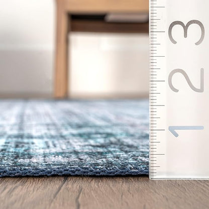nuLOOM Eveline Distressed Persian Machine Washable Ultra Thin Area Rug, 8' x 10', Blue