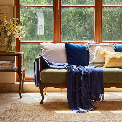 lifein Throw Blanket for Couch, Soft Boho Decor Bed Throw,Cozy Blue Chenille Knitted Small Farmhouse Lightweight Throw for Spring(Blue,50 * 60")