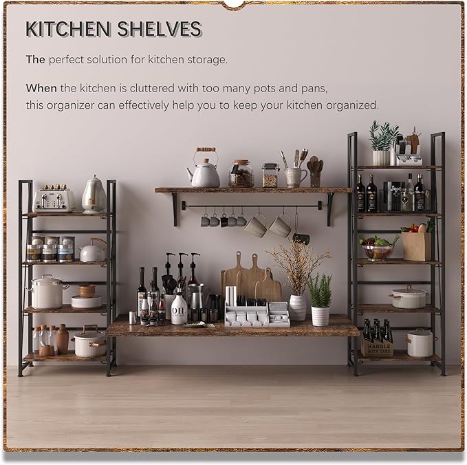 4NM No-Assembly Folding Bookshelf Storage Shelves 4 Tiers Vintage Bookcase Standing Racks Study Organizer Home Office (Rustic Brown and Black)