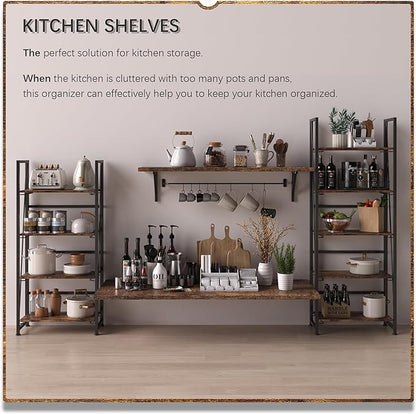 4NM No-Assembly Folding Bookshelf Storage Shelves 4 Tiers Vintage Bookcase Standing Racks Study Organizer Home Office (Rustic Brown and Black)