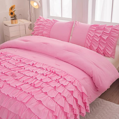 Full Size Comforter Set for Girls Kids, 3Pcs Pink Comforter Set Full, Blush Pink Princess Bedding, Vintage Soft Boho Chic Bedding for All Season