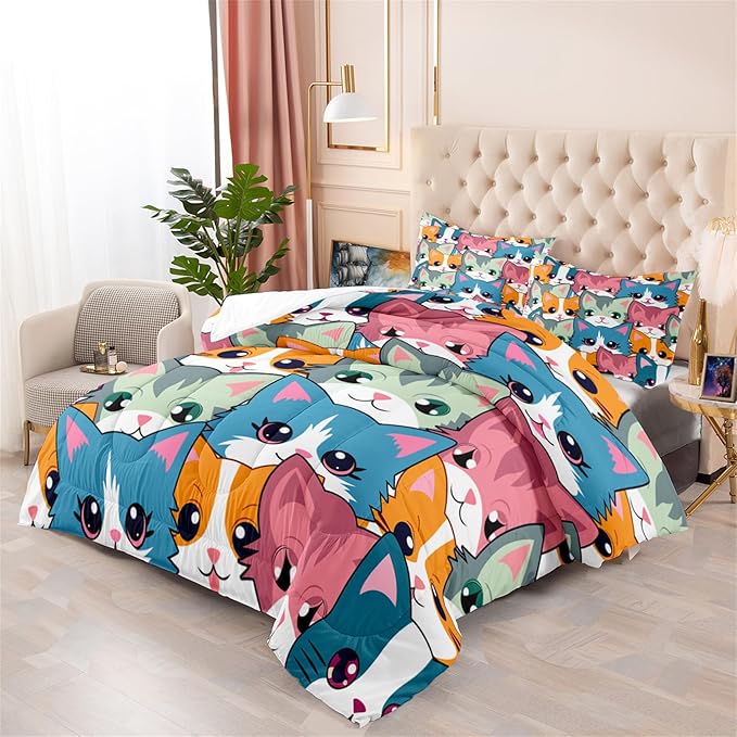 Neon Cats Bedding Set for Girls - Full Size Cartoon Cats Comforter Set for Girls Room Black Cats Pattern Girls Full Size Bedding Set Soft Breathable Cats Comforter with 2 Pillowcases for All-Season