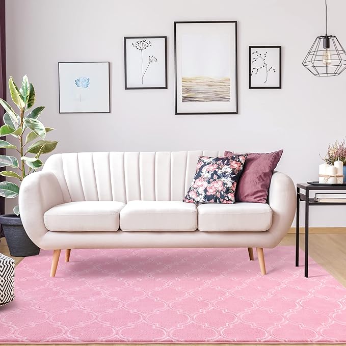 Chicrug Shag Geometric Modern Area Rug for Bedroom, 5x7 Feet Memory Foam Indoor Carpet, Fluffy Rug for Living Room Bedside Room Decor for Family Girls Kids Nursery Play Mat, Pink/White