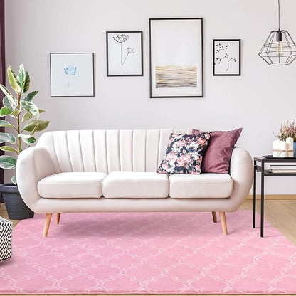 Chicrug Shag Geometric Modern Area Rug for Bedroom, 4x6 Feet Memory Foam Indoor Carpet, Fluffy Rug for Living Room Bedside Room Decor for Family Girls Kids Nursery Play Mat, Pink/White