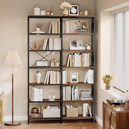 YITAHOME 7 Tier Corner Bookshelf Reversible Bookcase, Tall Bookshelf Display Rack Shelf with Metal Frame for Living Room, Bedroom, Home Office, Rustic Brown