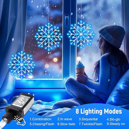 Christmas Snowflake Icicle Lights Outdoor - Plug-in 10.5ft 5 Drops 240LED Snowflake Window Lights with 8 Modes, Hanging Lights for Indoor Outdoor Porch Eaves Rooftops Christmas Decor, Blue and White