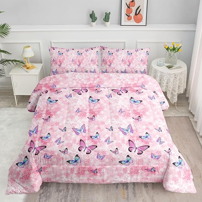 Datura home Kids Comforter Set Girls Pink Flower Butterfly Printed Pattern Quilt Bedding with 1 and 2 Pillowcases for Bedroom All Season(Pink Queen) Queen 90x90inches
