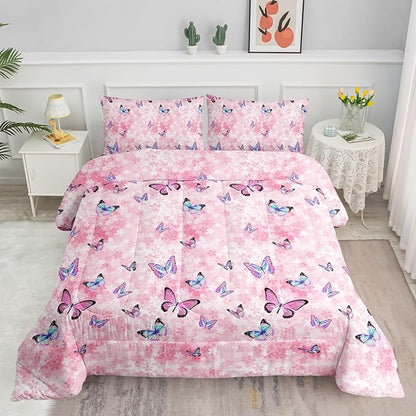 Datura home Kids Comforter Set Girls Pink Flower Butterfly Printed Pattern Quilt Bedding with 1 and 2 Pillowcases for Bedroom All Season(Pink Queen) Queen 90x90inches