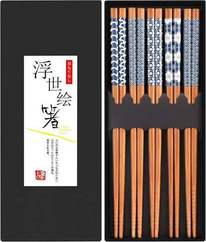 Antner 5 Pairs Natural Bamboo Chopsticks Reusable Classic Japanese Style Chop Sticks Gift Sets, Dishwasher Safe, 8.8 Inch/22.5cm
