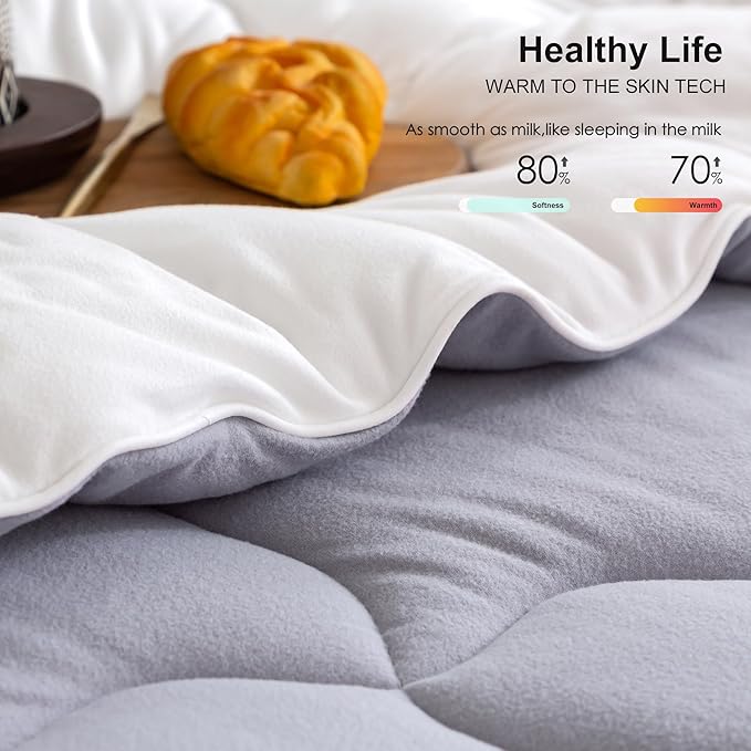 COTTEBED Grey White Warm Reversible Comforter Sets King Size Bed, Winter Milk Cup Super Soft Breathable Fluffy 1 Bedding Down Alternative Comrter & 2 Pillowcase California Cal/King