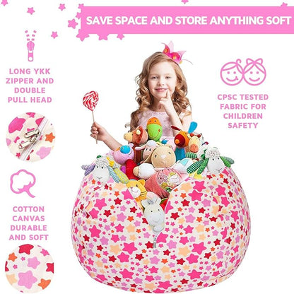 Wekapo Stuffed Animal Storage Bean Bag Chair Cover for Kids | Stuffable Zipper Beanbag for Organizing Children Plush Toys Large Premium Cotton Canvas (Small star, X-Large)