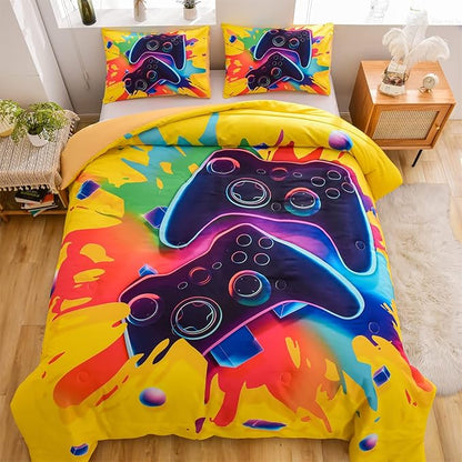 Aimuan Gamer Gaming Bedding Sets 3D Gamepad Comforter Sets for Boys Games Console Action Buttons Novelty Colorful Game Controller Modern Room Decor Home Quilt Set (Full, Yellow)